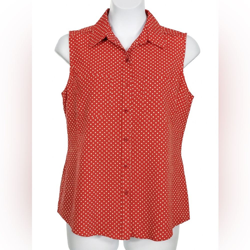 NY Collection Womens Sleeveless Button Down Shirt Red Polka Dot Sz L